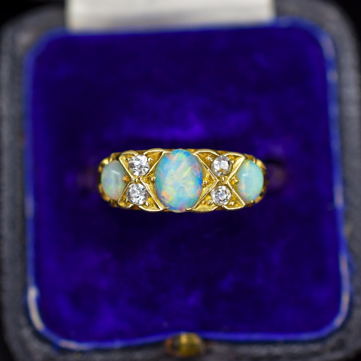 Antique Natural Opal and Diamond 18ct Yellow Gold Three Stone Ring
