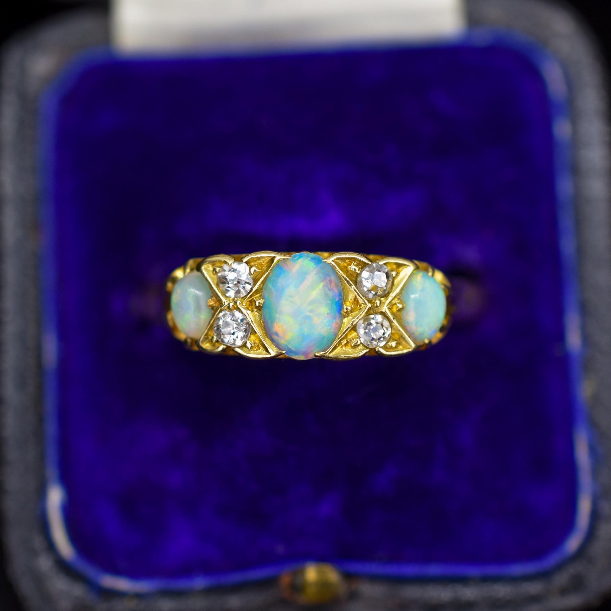 Antique Natural Opal and Diamond 18ct Yellow Gold Three Stone Ring