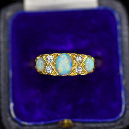 Antique Natural Opal and Diamond 18ct Yellow Gold Three Stone Ring