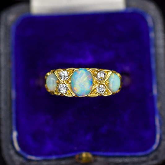 Antique Natural Opal and Diamond 18ct Yellow Gold Three Stone Ring