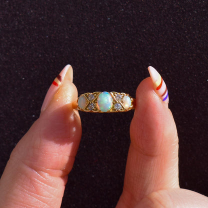 Antique Natural Opal and Diamond 18ct Yellow Gold Three Stone Ring