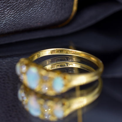 Antique Natural Opal and Diamond 18ct Yellow Gold Three Stone Ring