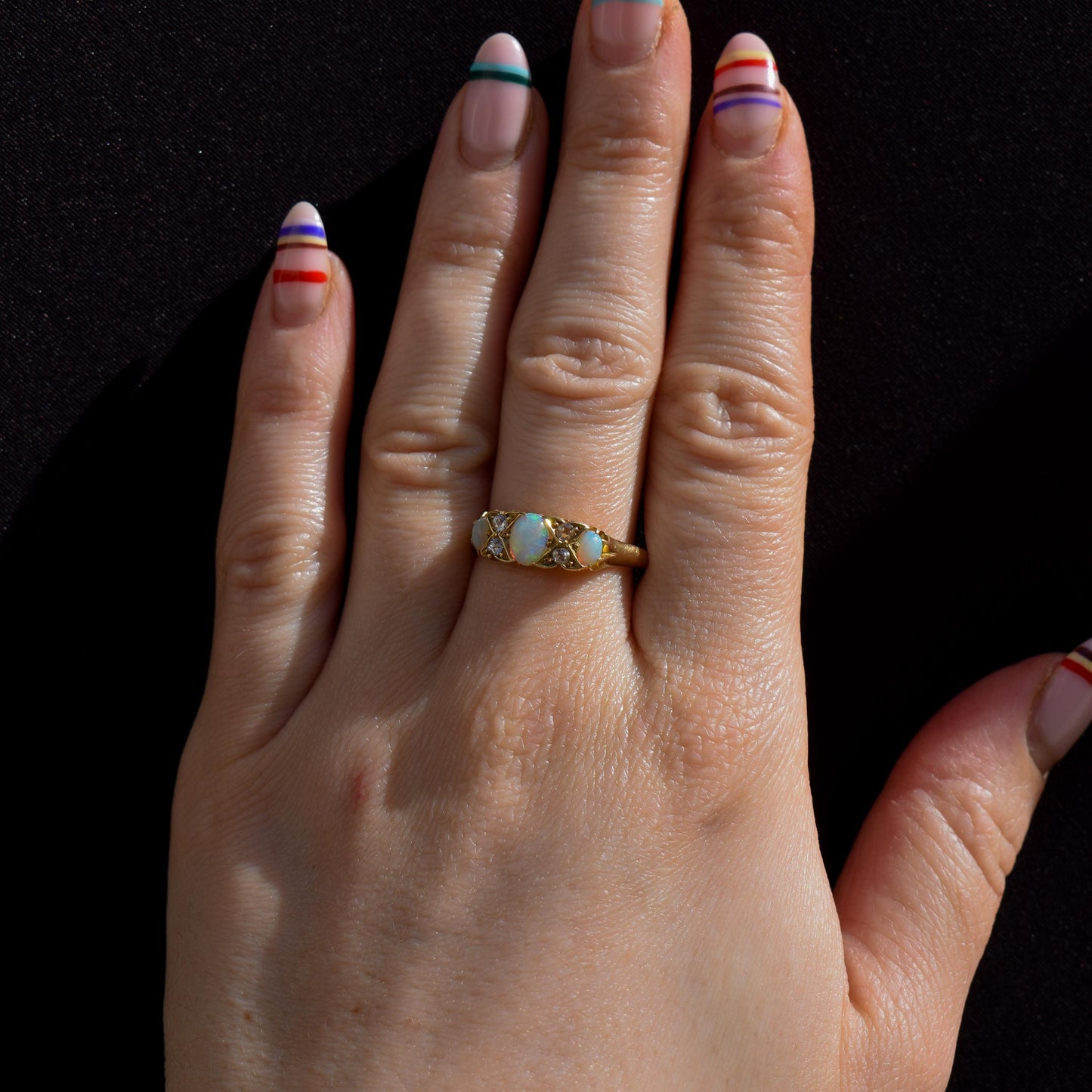Antique Natural Opal and Diamond 18ct Yellow Gold Three Stone Ring