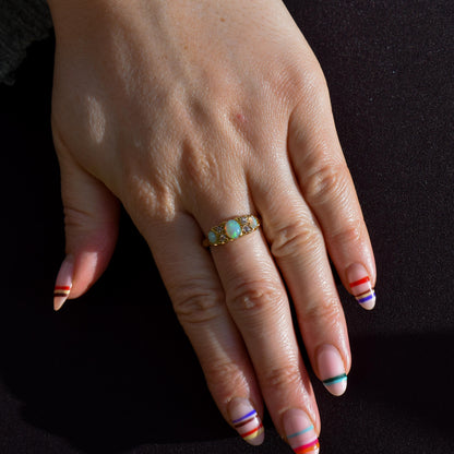 Antique Natural Opal and Diamond 18ct Yellow Gold Three Stone Ring