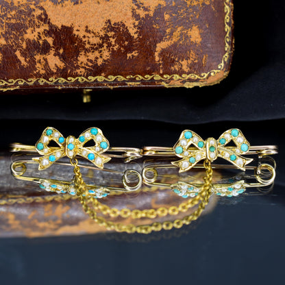 Antique Turquoise and Pearl 15ct Gold Double Collar Brooch Pin