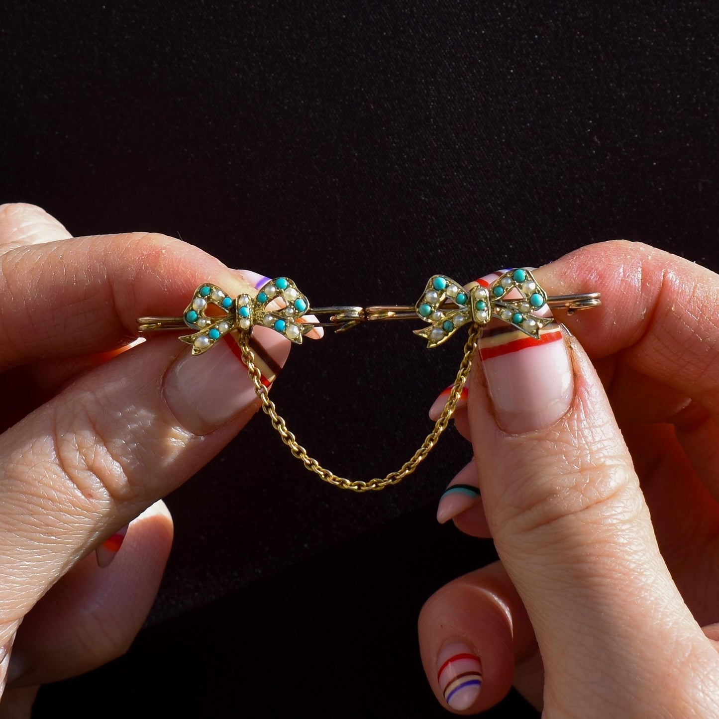 Antique Turquoise and Pearl 15ct Gold Double Collar Brooch Pin