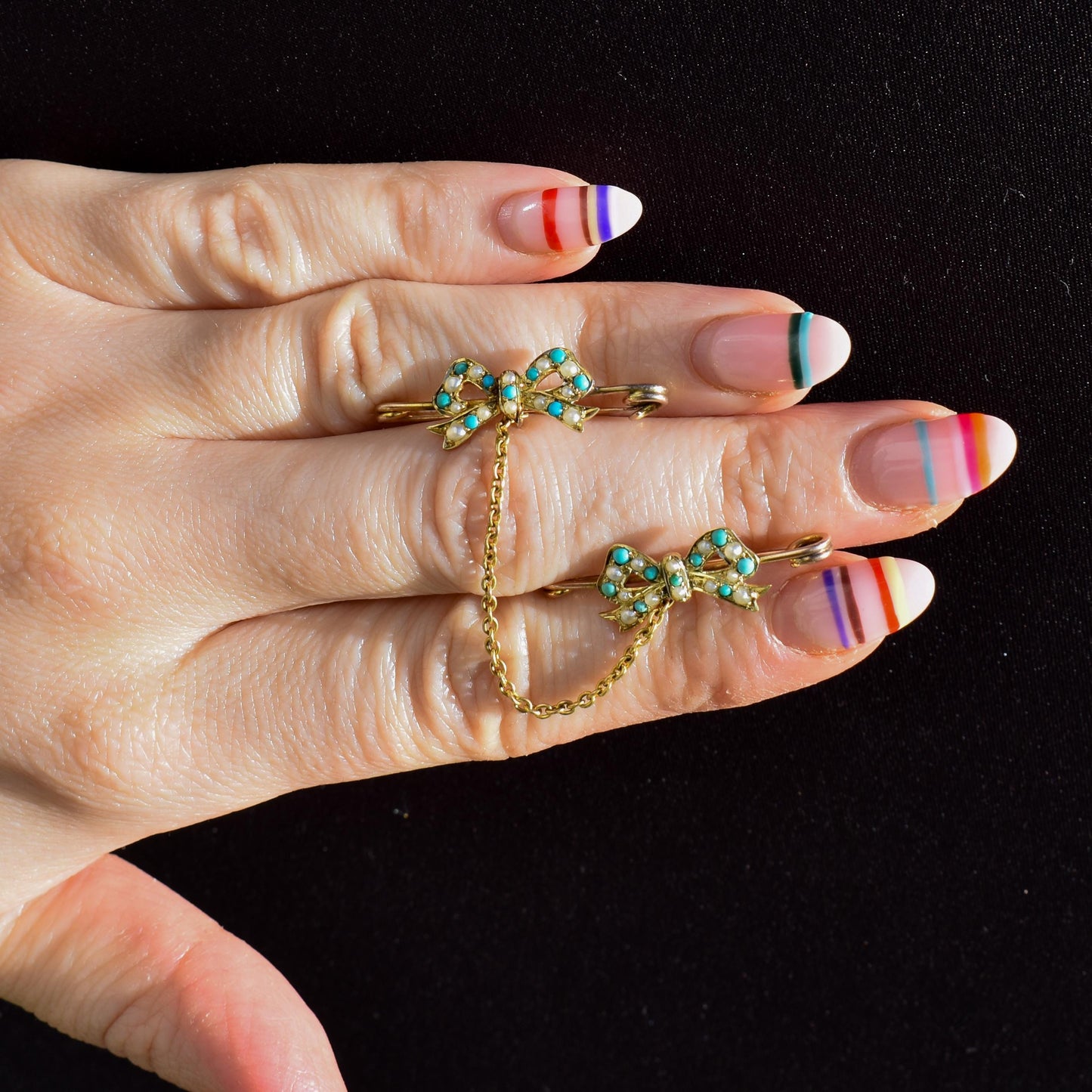 Antique Turquoise and Pearl 15ct Gold Double Collar Brooch Pin