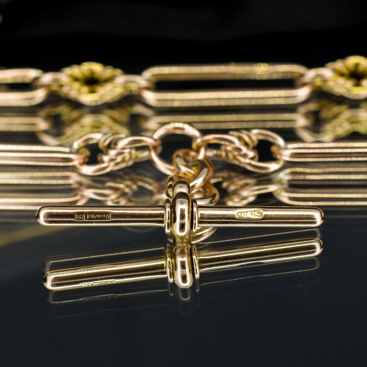 Antique '1903' 9ct Gold Trombone and Love Knot Link Albert Chain Necklace | 13.5"