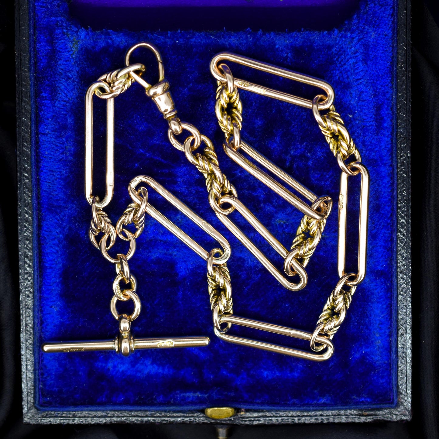 Antique '1903' 9ct Gold Trombone and Love Knot Link Albert Chain Necklace | 13.5"
