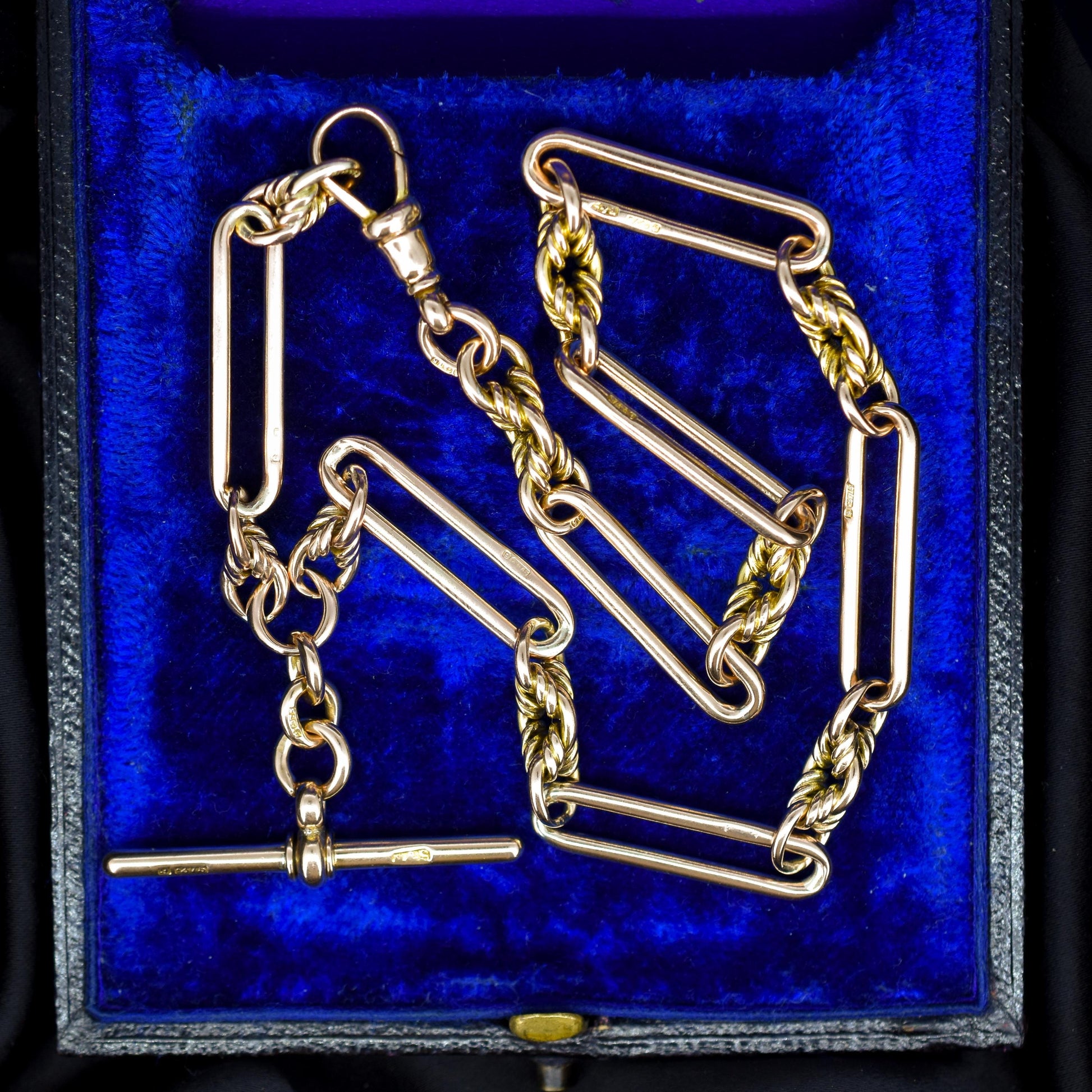 Antique '1903' 9ct Gold Trombone and Love Knot Link Albert Chain Necklace | 13.5"