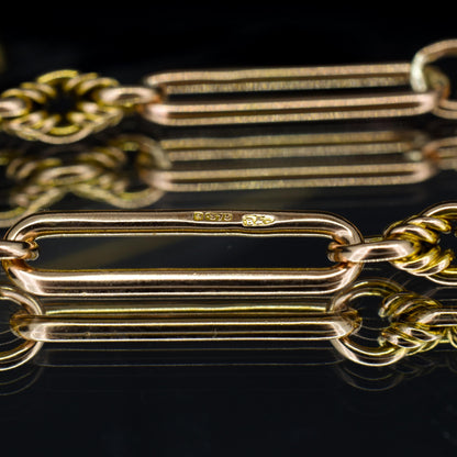 Antique '1903' 9ct Gold Trombone and Love Knot Link Albert Chain Necklace | 13.5"