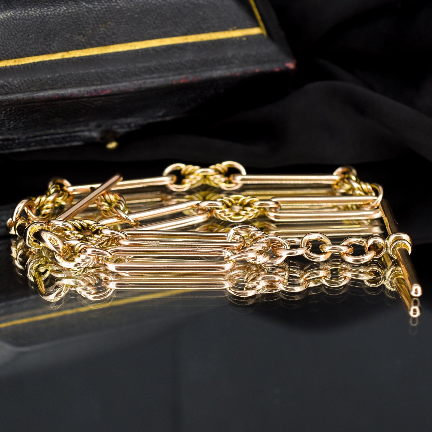 Antique '1903' 9ct Gold Trombone and Love Knot Link Albert Chain Necklace | 13.5"