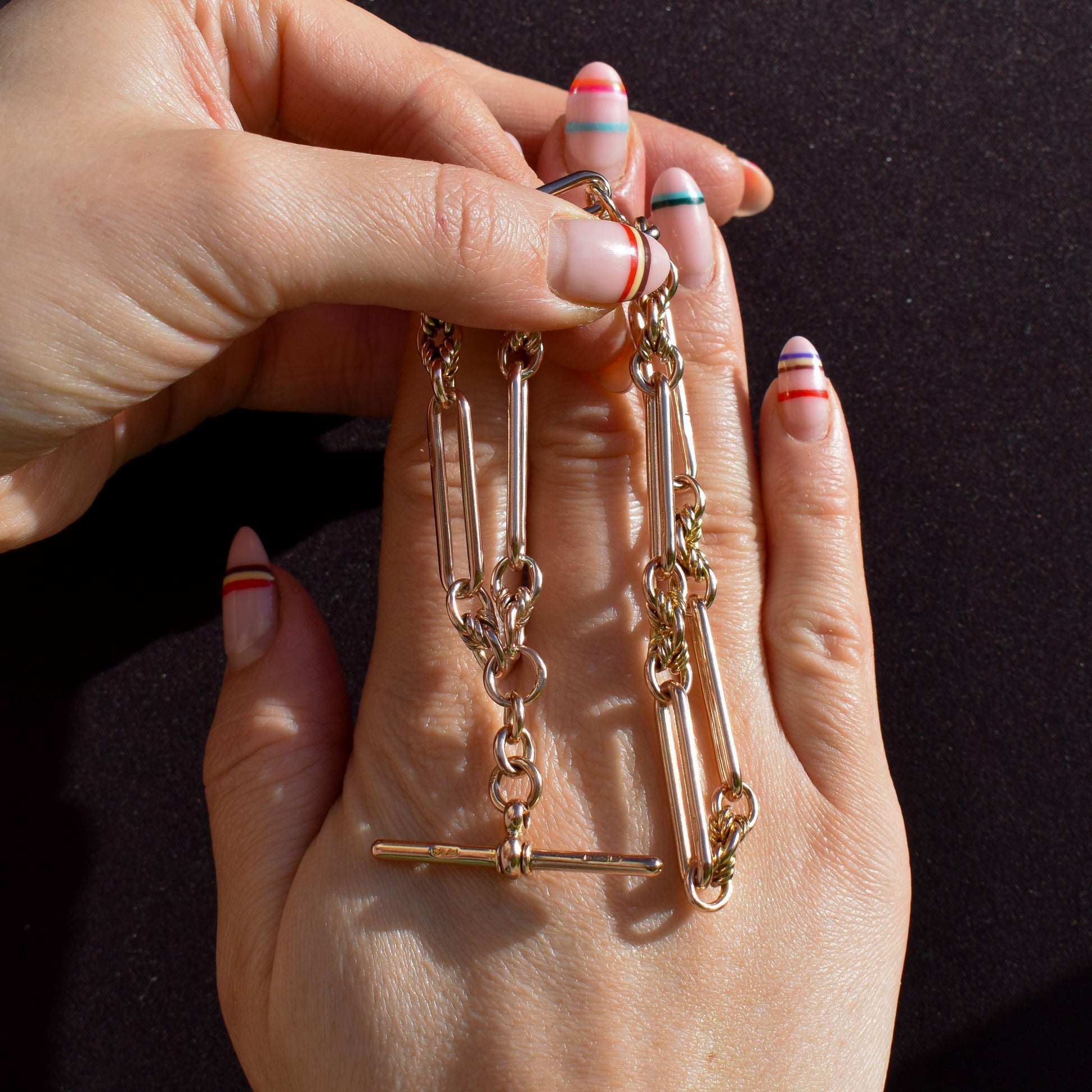 Antique '1903' 9ct Gold Trombone and Love Knot Link Albert Chain Necklace | 13.5"