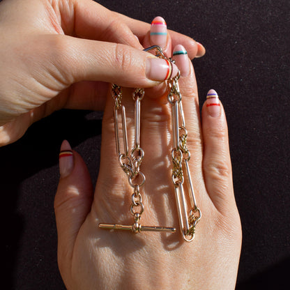 Antique '1903' 9ct Gold Trombone and Love Knot Link Albert Chain Necklace | 13.5"