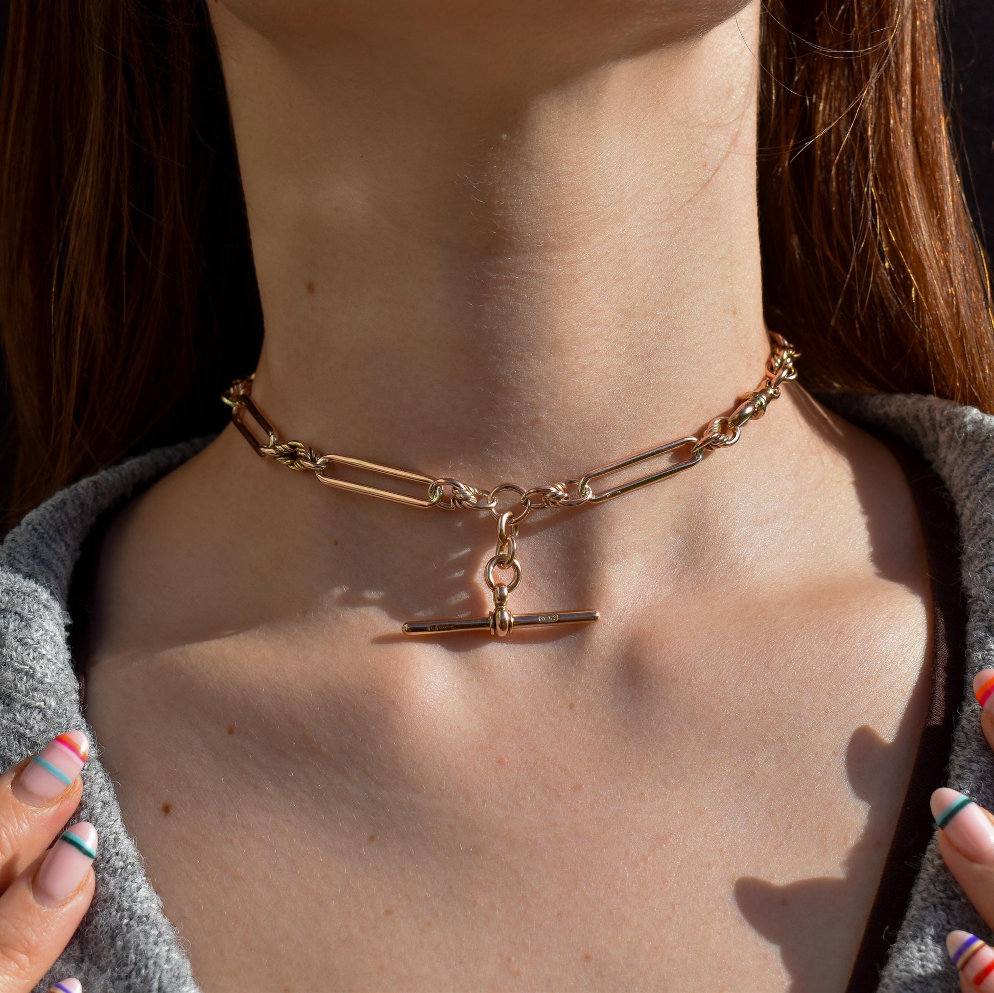 Antique '1903' 9ct Gold Trombone and Love Knot Link Albert Chain Necklace | 13.5"