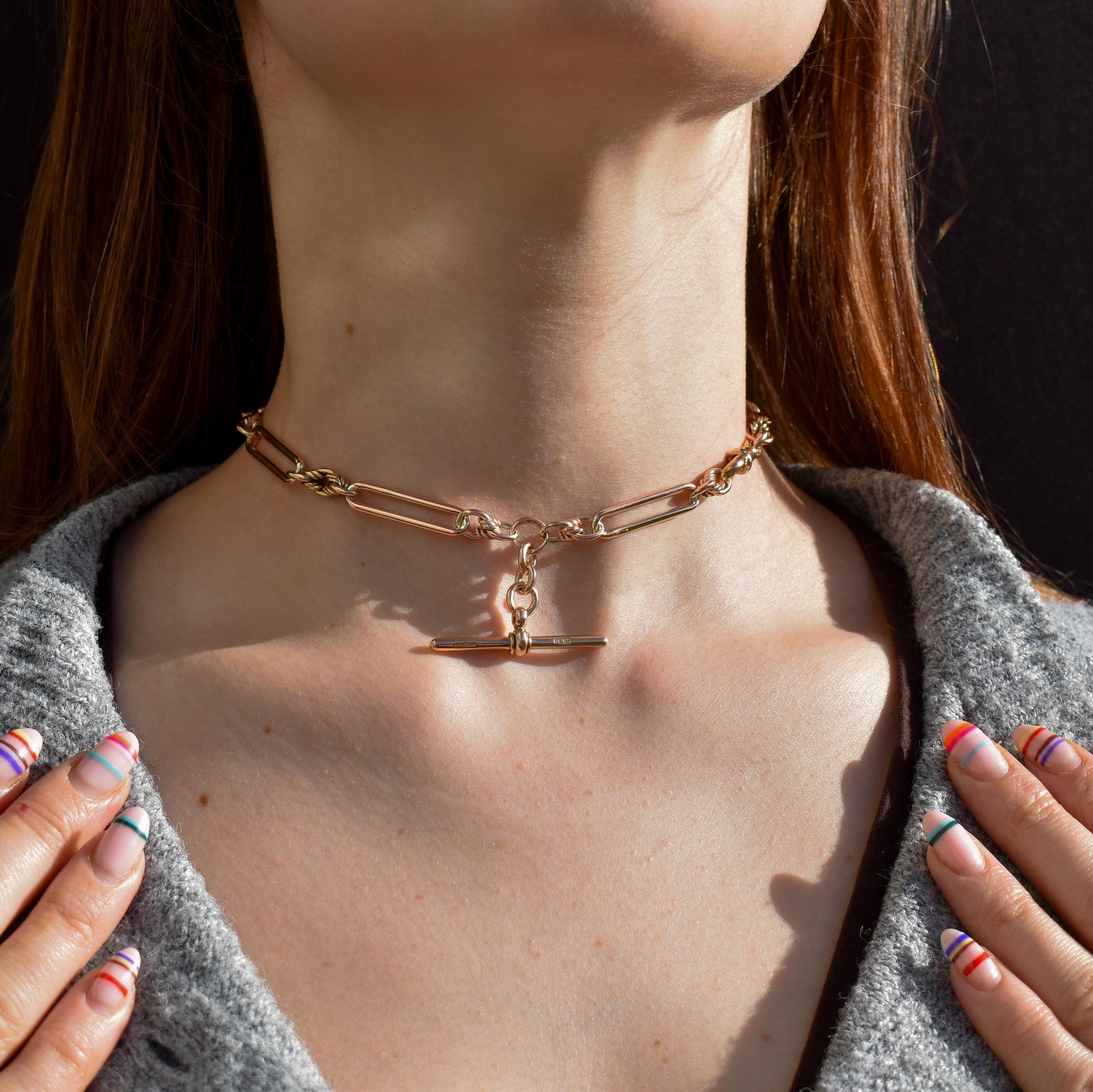 Antique '1903' 9ct Gold Trombone and Love Knot Link Albert Chain Necklace | 13.5"