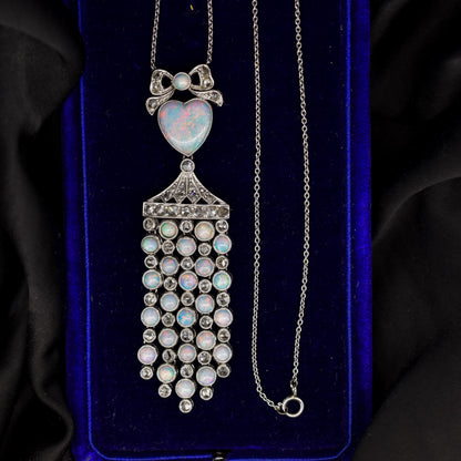 Art Deco Opal Heart and Diamond 18ct White Gold and Platinum Pendant Necklace | 16"