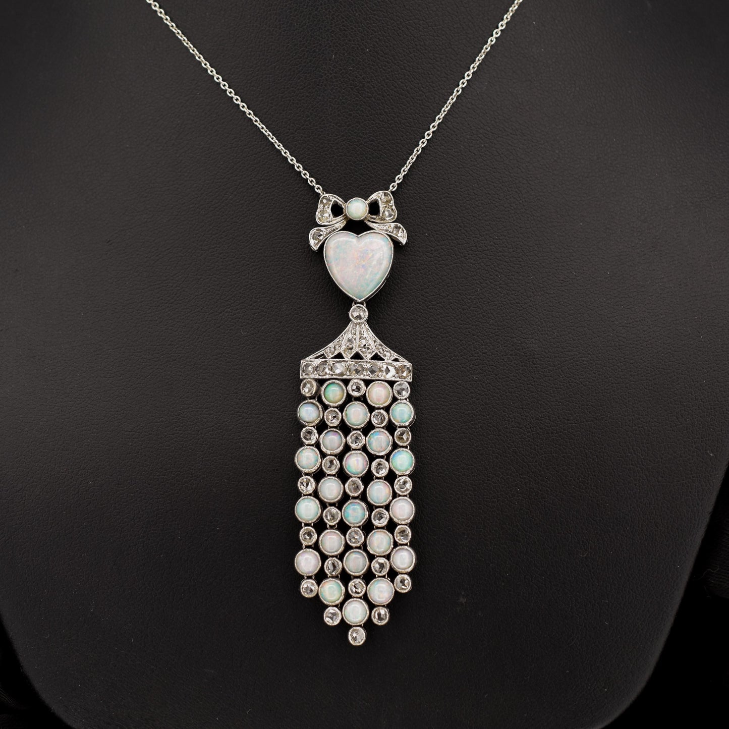 Art Deco Opal Heart and Diamond 18ct White Gold and Platinum Pendant Necklace | 16"
