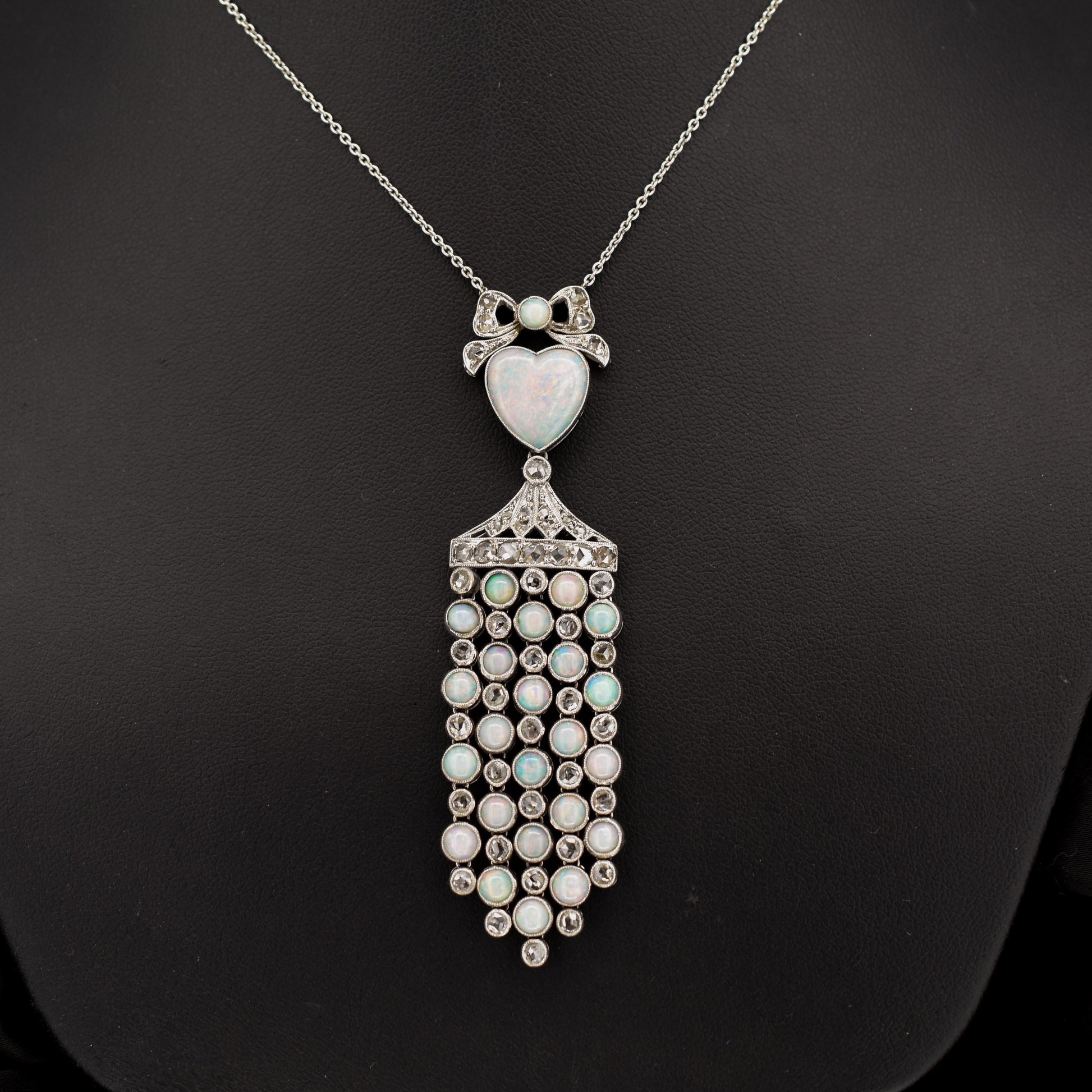 Art Deco Opal Heart and Diamond 18ct White Gold and Platinum Pendant Necklace | 16"