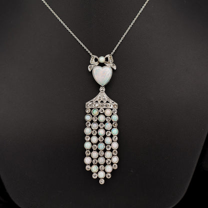 Art Deco Opal Heart and Diamond 18ct White Gold and Platinum Pendant Necklace | 16"