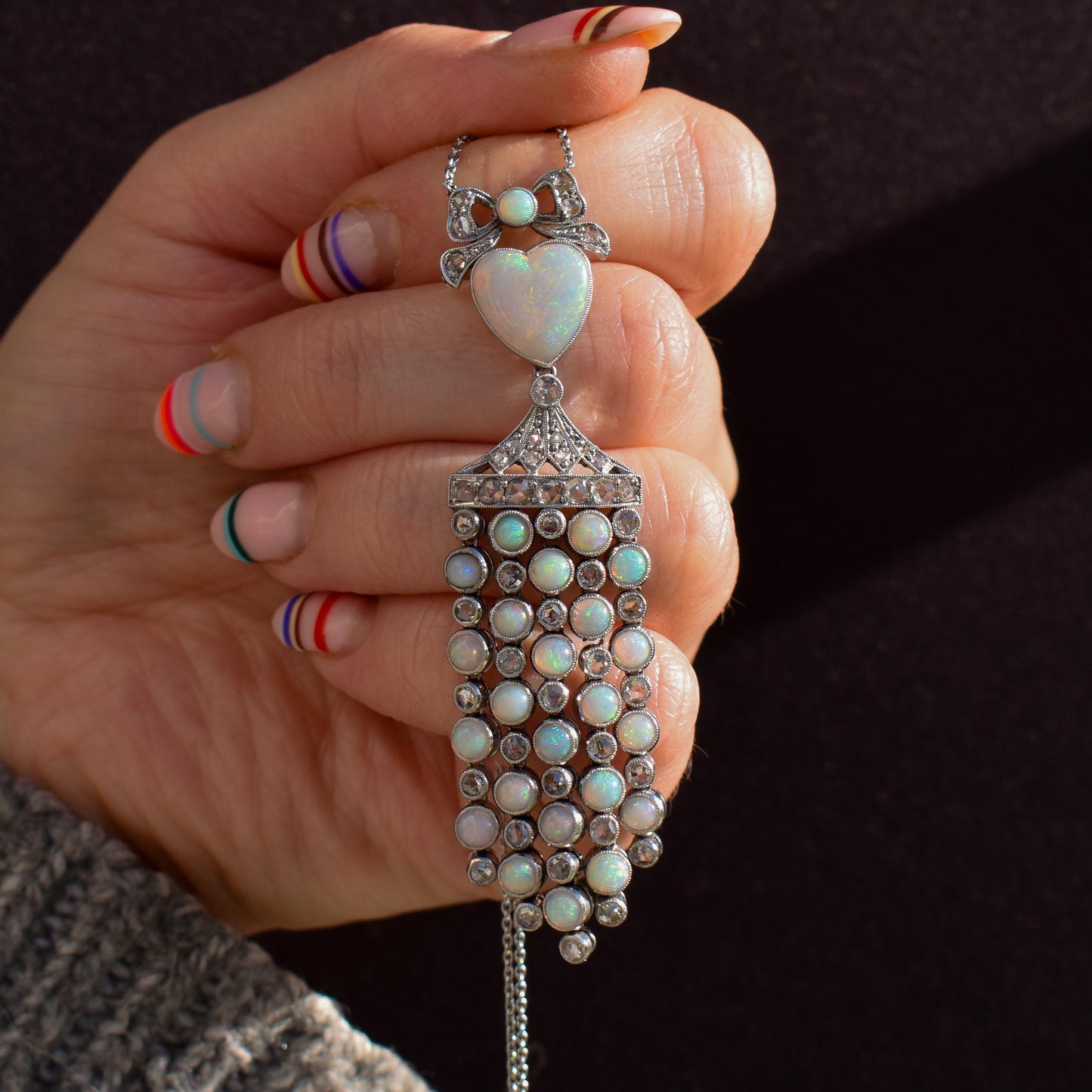 Art Deco Opal Heart and Diamond 18ct White Gold and Platinum Pendant Necklace | 16"