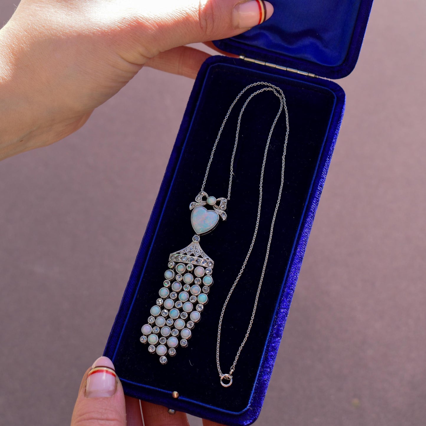 Art Deco Opal Heart and Diamond 18ct White Gold and Platinum Pendant Necklace | 16"