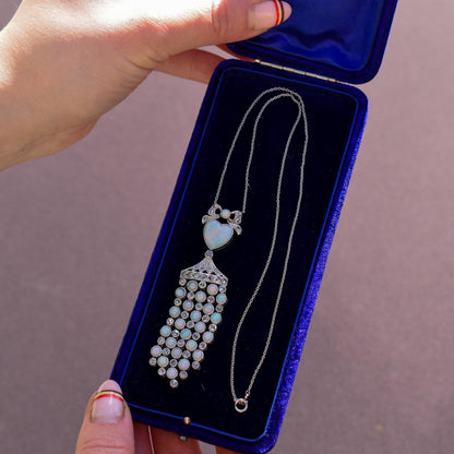 Art Deco Opal Heart and Diamond 18ct White Gold and Platinum Pendant Necklace | 16"