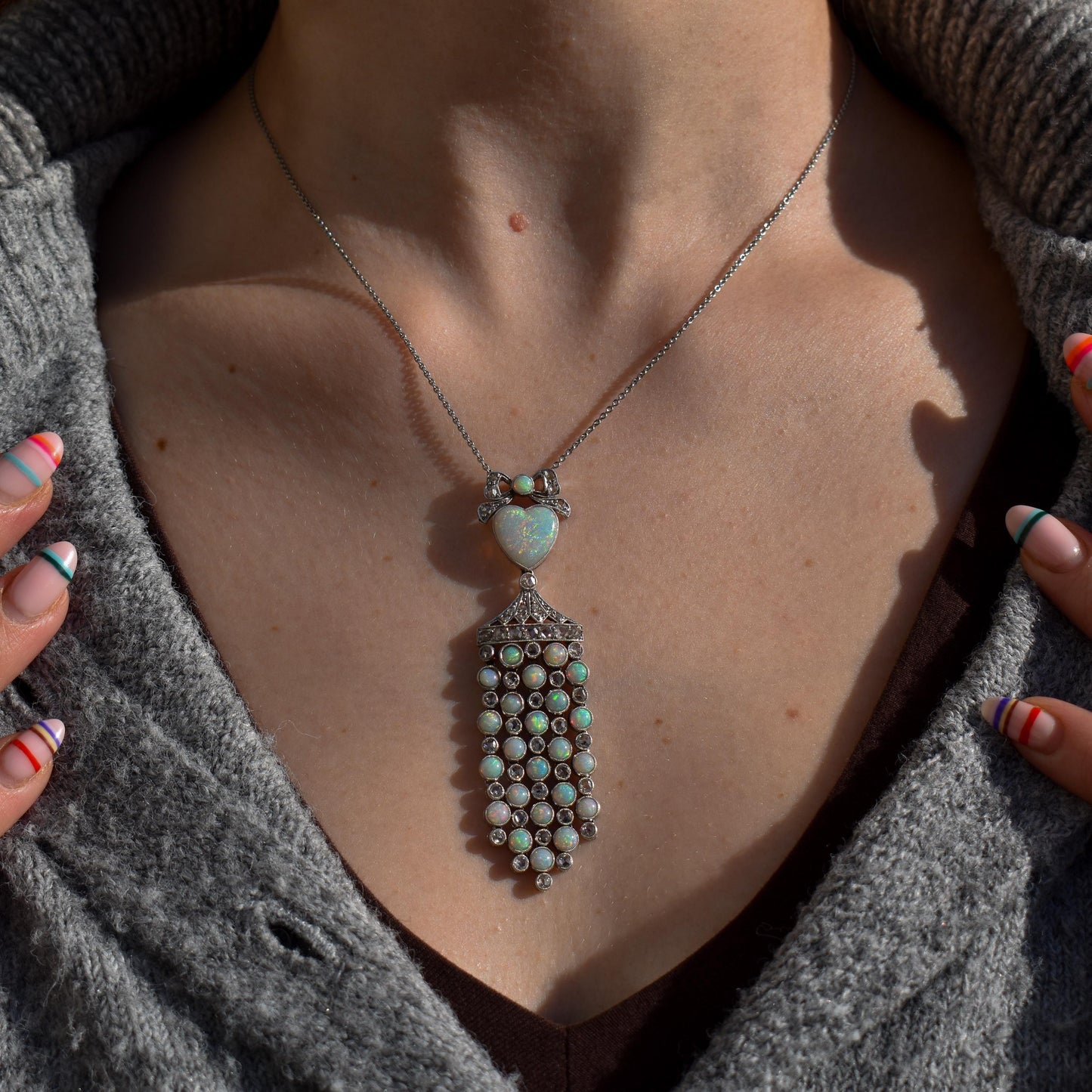 Art Deco Opal Heart and Diamond 18ct White Gold and Platinum Pendant Necklace | 16"