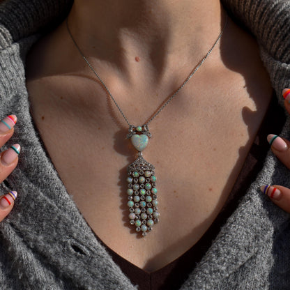 Art Deco Opal Heart and Diamond 18ct White Gold and Platinum Pendant Necklace | 16"