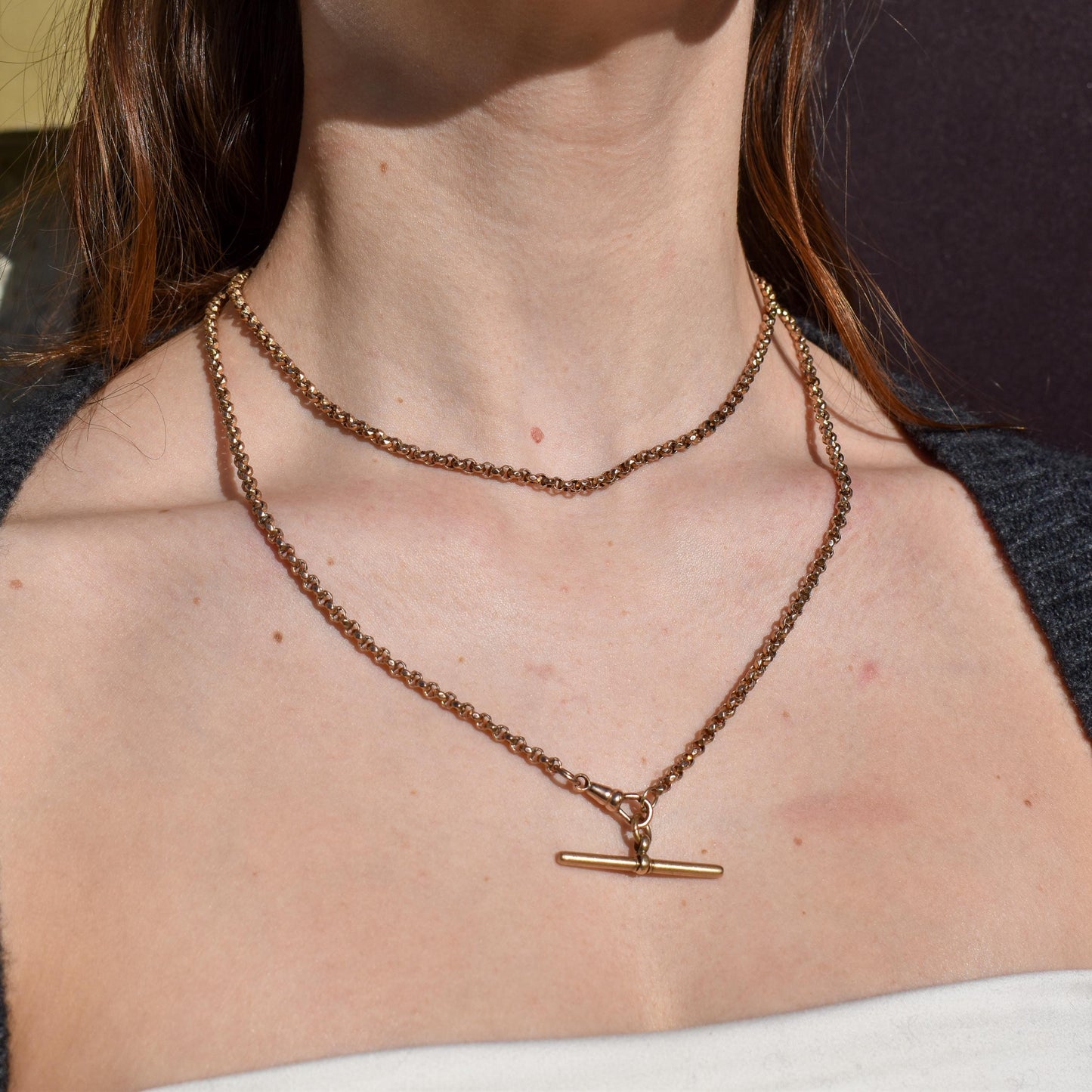 Antique Rolled Gold 35" Chain Necklace with Dog Clip and T-Bar