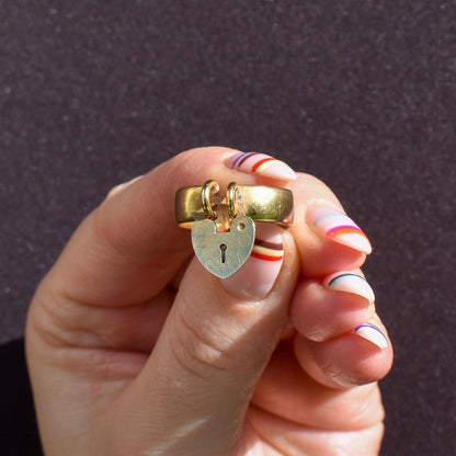 Antique Heart Padlock Drop 9ct Yellow Gold Band Ring | Birmingham 1921