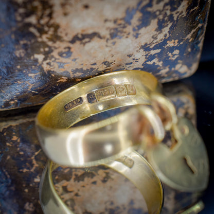 Antique Heart Padlock Drop 9ct Yellow Gold Band Ring | Birmingham 1921