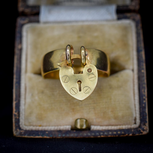 Antique Heart Padlock Drop 9ct Yellow Gold Band Ring | Birmingham 1921