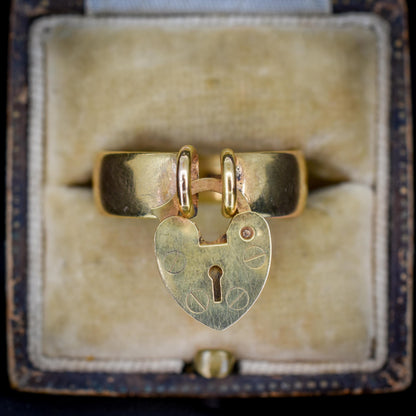 Antique Heart Padlock Drop 9ct Yellow Gold Band Ring | Birmingham 1921
