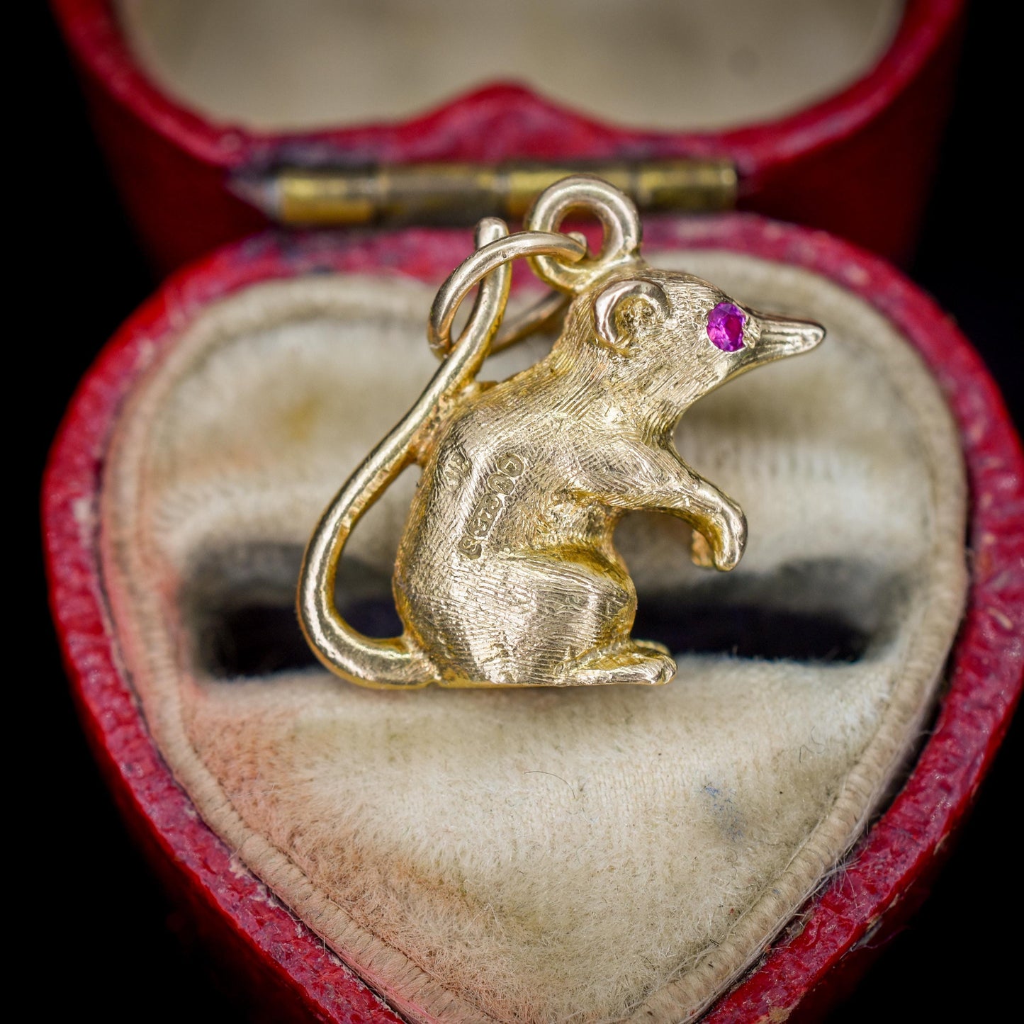 Vintage Ruby 9ct Gold Mouse Charm Pendant | London 1963