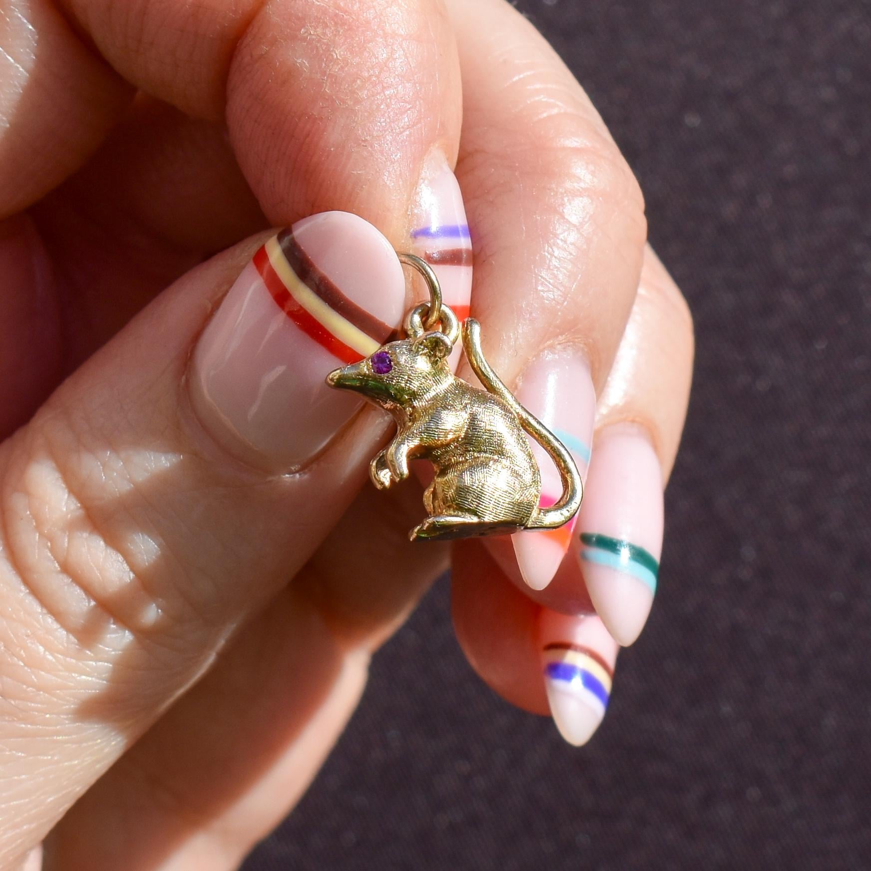 Vintage Ruby 9ct Gold Mouse Charm Pendant | London 1963