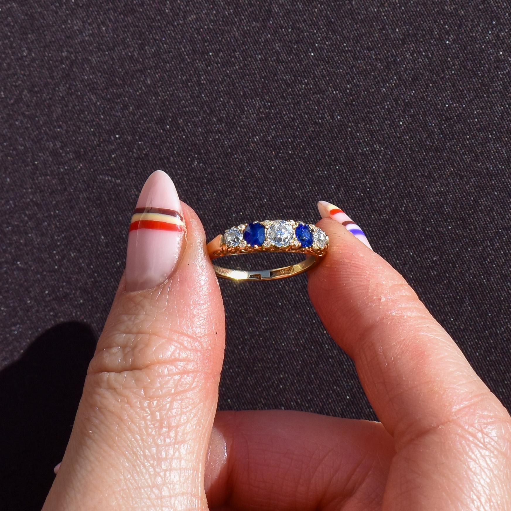 Antique Diamond and Blue Sapphire Five Stone 18ct Yellow Gold Scroll Ring