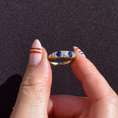 Antique Diamond and Blue Sapphire Five Stone 18ct Yellow Gold Scroll Ring
