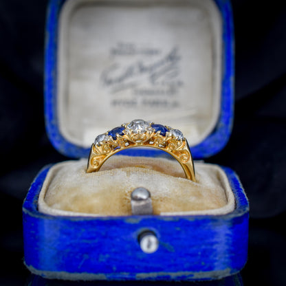 Antique Diamond and Blue Sapphire Five Stone 18ct Yellow Gold Scroll Ring