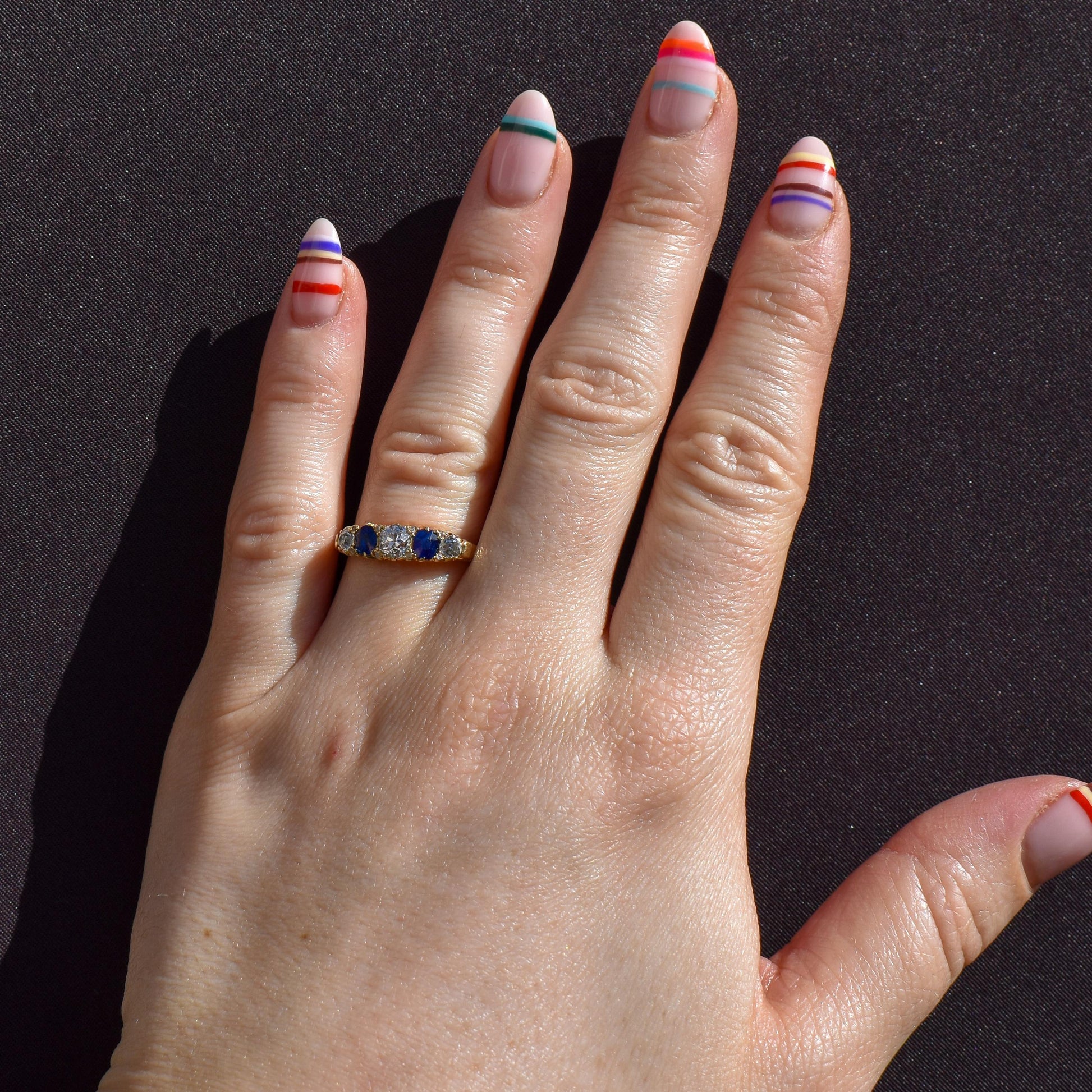 Antique Diamond and Blue Sapphire Five Stone 18ct Yellow Gold Scroll Ring