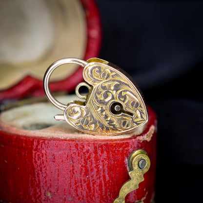 Antique 9ct Gold Engraved Opening Heart Padlock Charm Pendant