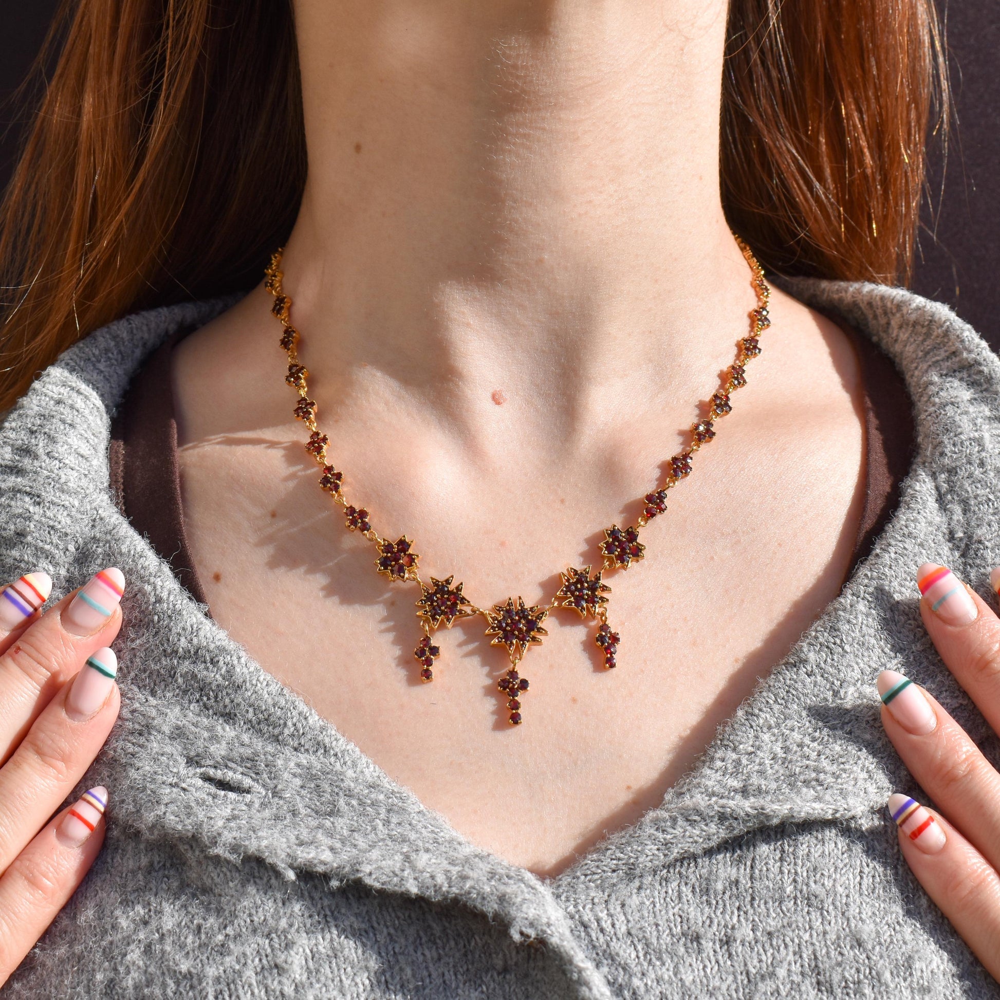 Antique 17.5" Victorian Bohemian Garnet Fringe Drop Necklace