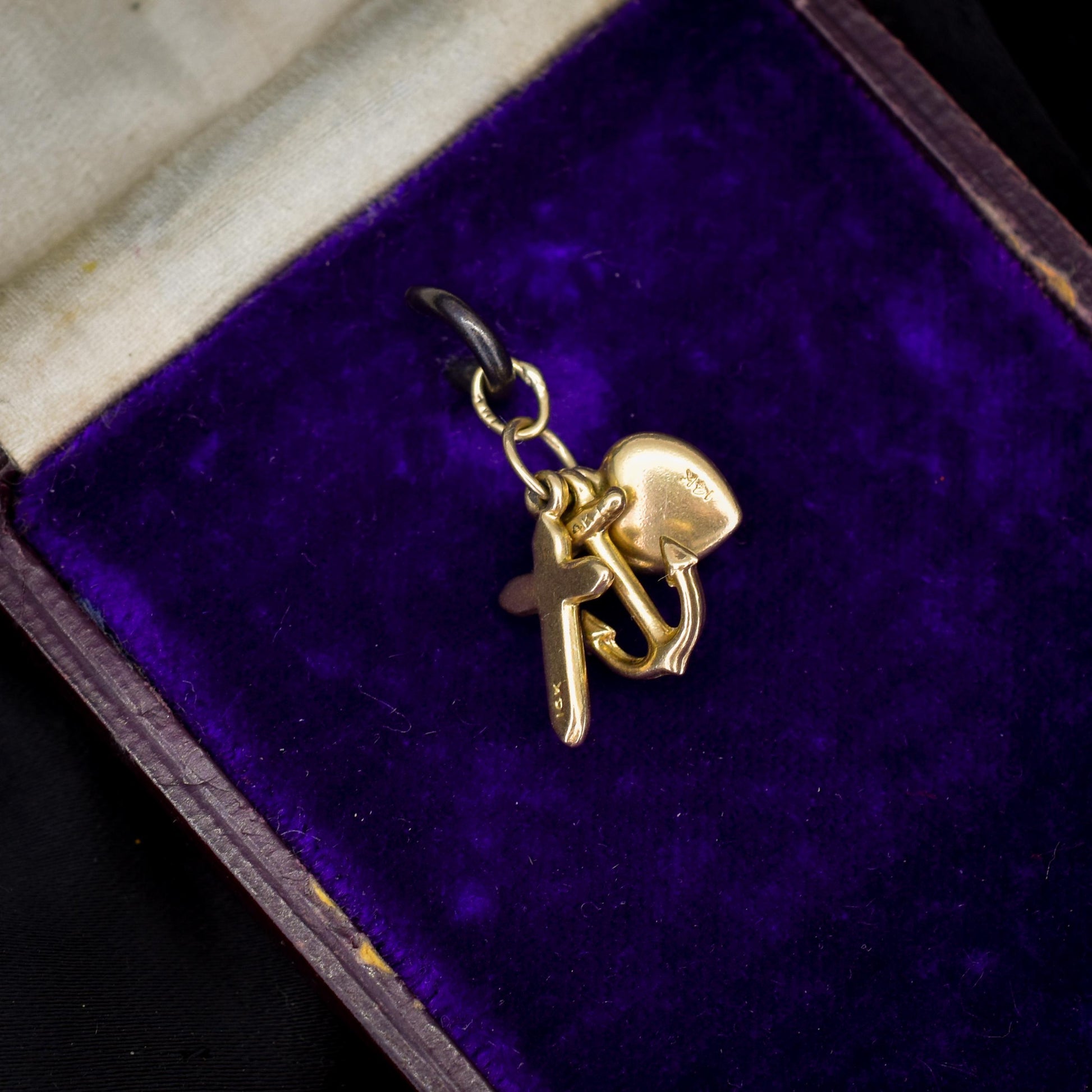 Vintage 14ct Gold Triple Trio of Charms Faith Hope Charity - Cross Heart Anchor