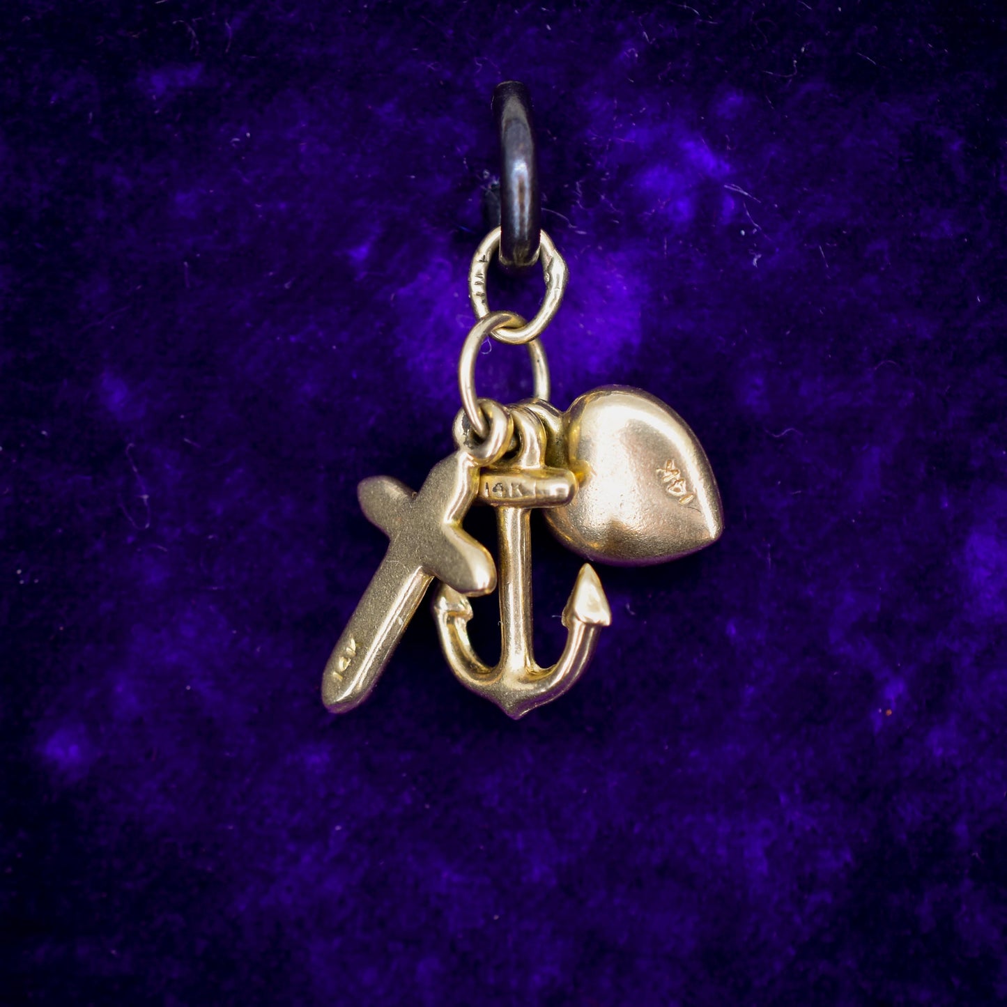 Vintage 14ct Gold Triple Trio of Charms Faith Hope Charity - Cross Heart Anchor