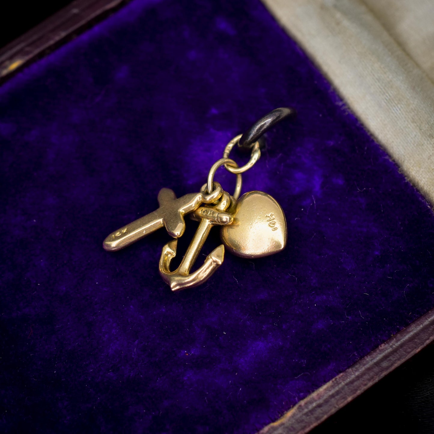 Vintage 14ct Gold Triple Trio of Charms Faith Hope Charity - Cross Heart Anchor