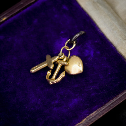 Vintage 14ct Gold Triple Trio of Charms Faith Hope Charity - Cross Heart Anchor