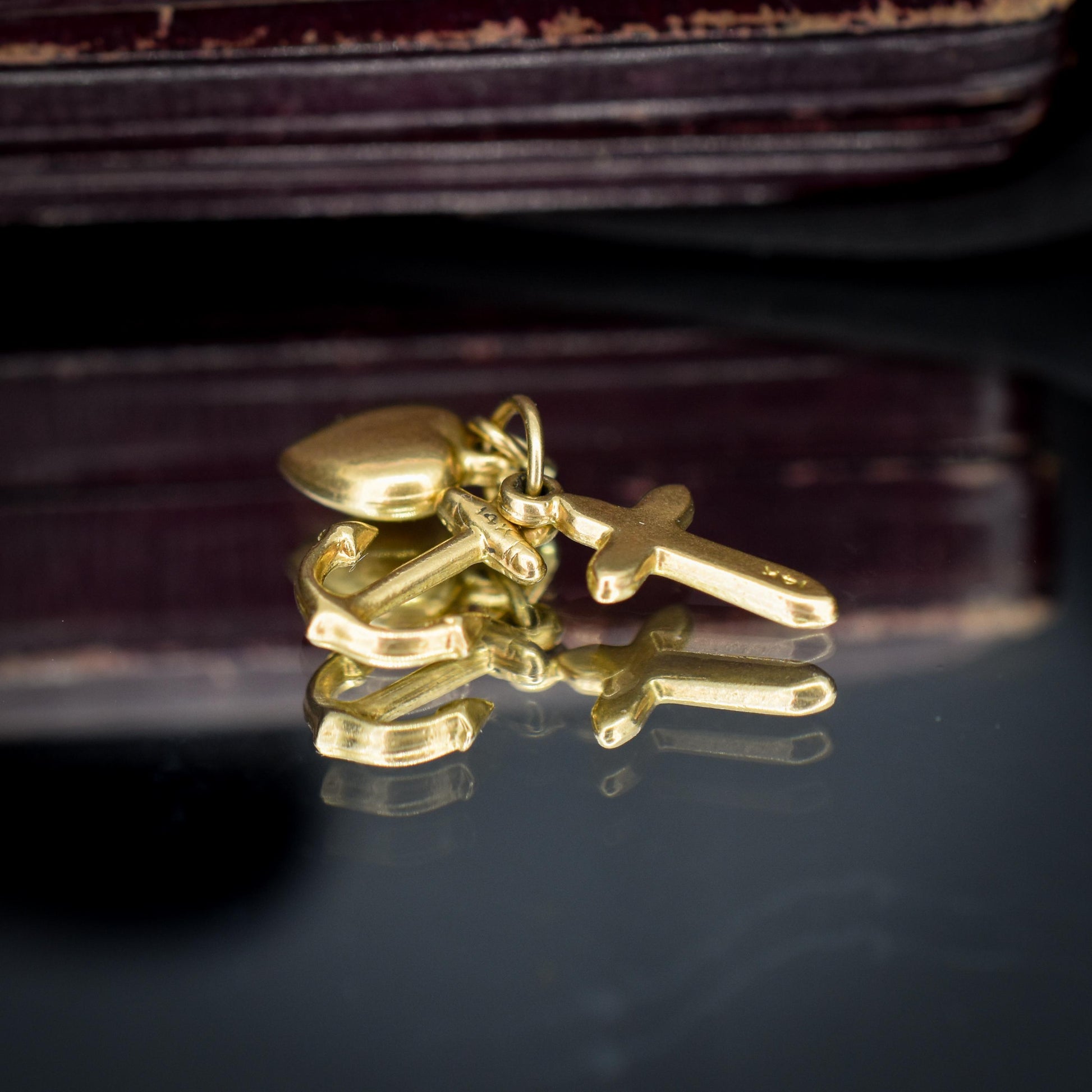 Vintage 14ct Gold Triple Trio of Charms Faith Hope Charity - Cross Heart Anchor