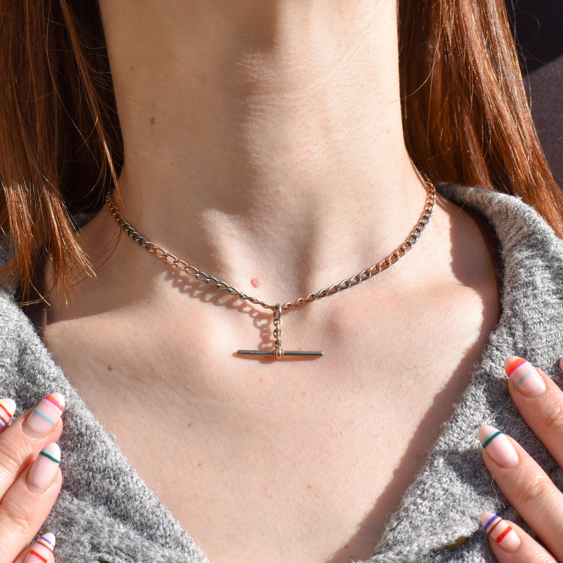 Antique 9ct Gold and Platinum-niobium Curb Link Chain Necklace 15"