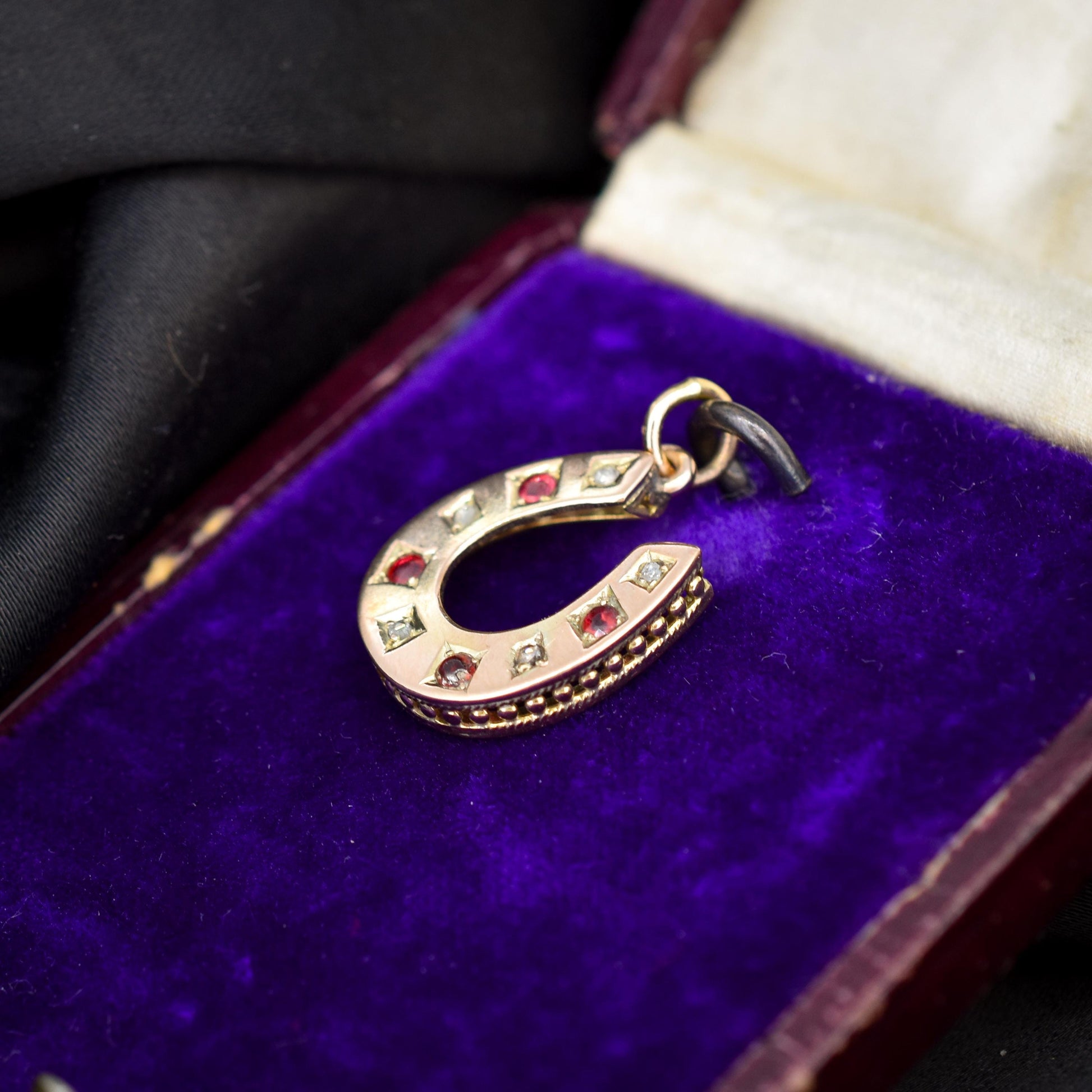 Antique Victorian Garnet and Diamond 9ct Gold Horseshoe Charm