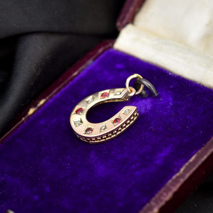 Antique Victorian Garnet and Diamond 9ct Gold Horseshoe Charm